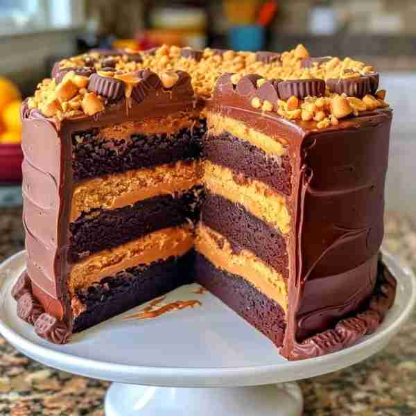 Reese's Peanut Butter Chocolate Cake 🍫🥜 📋 Ingredients: Cake: - 1 box chocolate cake mix - 1/2 cup...