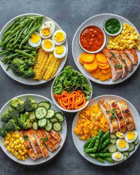 1️⃣ Protein & Green Power Plate 🍽️🥦🌽🥚 Hard-boiled eggs, halved Steamed green beans & broccoli Gri...