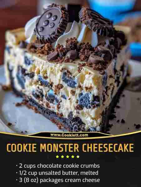 🍪 Cookie Monster Cheesecake 🍰 Ingredients: - 2 cups chocolate cookie crumbs - 1/2 cup unsalted but...