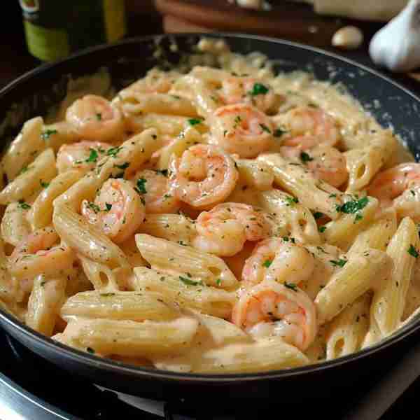 Shrimp Rigatoni in Creamy Garlic Alfredo Sauce Serves 3–4 🧄 Ingredients For the Pasta: 10 oz rigato...