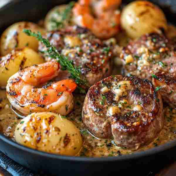 Surf and Turf Skillet with Garlic Butter Sauce Ingredients: 2 ribeye or sirloin steaks (8 oz each) 1...