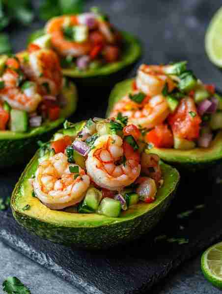 Shrimp Stuffed Avocados 🥑🧄🍤 This recipe is light on prep, big on flavor! With just a few fresh in...