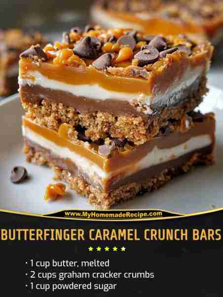 Butterfinger Caramel Crunch Bars Ingredients: 1 cup butter, melted 2 cups graham cracker crumbs 1 cu...