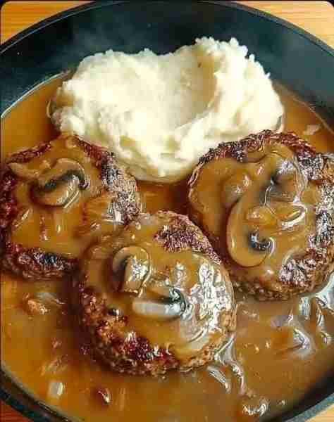 Homestyle Salisbury Steak with Mushroom Gravy You Will Need: For the Steaks: 1 ½ lbs ground beef ½ c...
