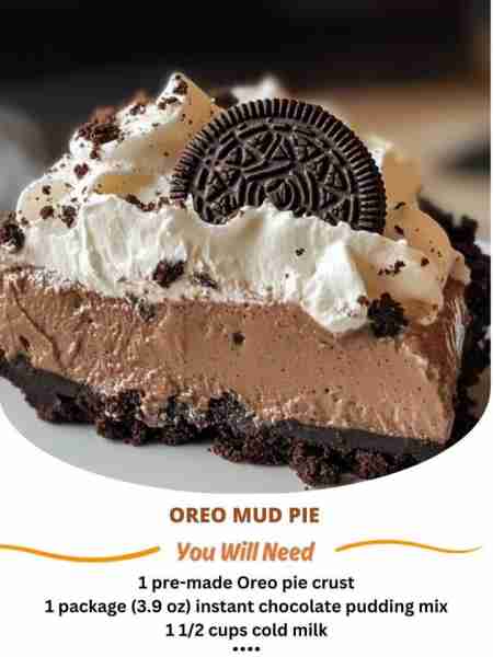 Oreo Mud Pie Ingredients: 1 pre-made Oreo pie crust 1 package (3.9 oz) instant chocolate pudding mix...
