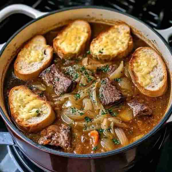 🍲 French Onion Short Rib Soup with Gruyère Toast 🧀 This hearty and savory soup combines the richne...