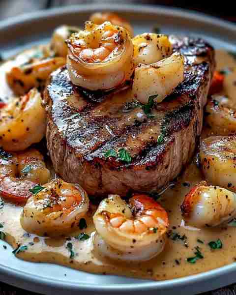 Steak in Creamy Cajun Shrimp Sauce (Surf and Turf) 🍤🥩🌶️ Ingredients: - 1 lb shrimp, peeled and dev...