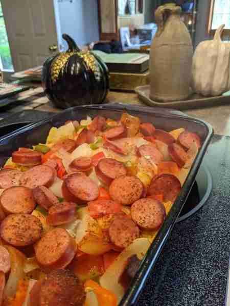 This is one yummy 9 x 13, baked in a 375 oven for 1 hour 15 minutes, foil covered ... hearty meal....