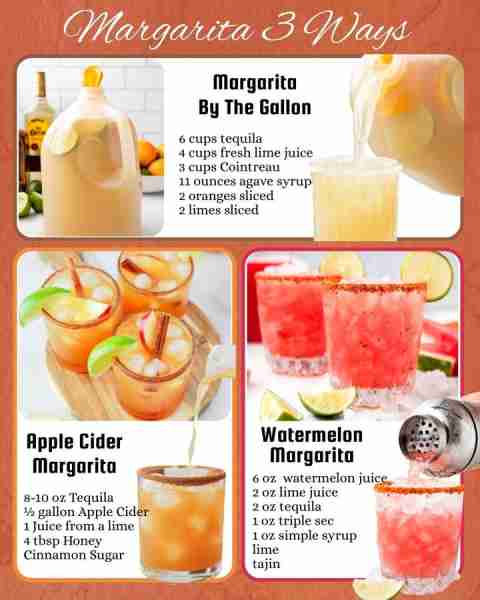 EASY MARGARITA RECIPES! MARGARITA BY THE GALLON: 6 cups tequila 4 cups fresh lime juice 3 cups Coint...
