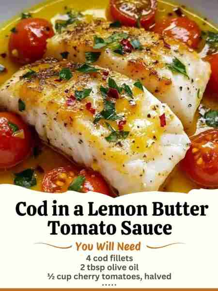 Cod in a Lemon Butter Tomato Sauce Ingredients: 4 cod fillets 2 tablespoons olive oil 2 cloves ga...