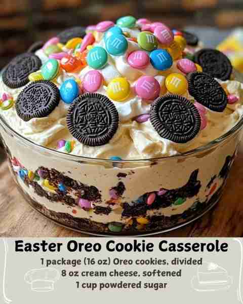 🍰 Easter Oreo Cookie Casserole 🐇 Ingredients 1 package (16 oz) Oreo cookies, divided 8 oz cream ch...