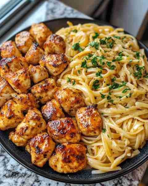 Savory Golden Garlic Butter Chicken Bites Served with Creamy Parmesan Pasta Ingredients: 1 lb bonele...