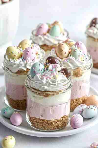 Easter Egg Cheesecake Jars - creamy, pastel, and perfect for springtime parties! Ingredients: For th...