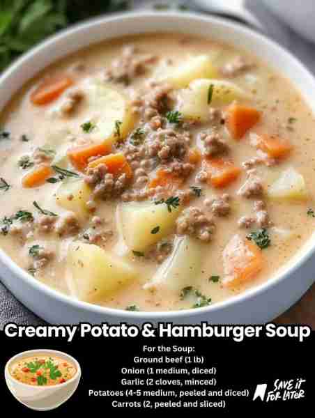 Cozy up with a bowl of Creamy Potato & Hamburger Soup! 🥔🍖 Rich, hearty, and full of comforting fla...