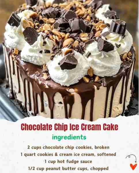 Chocolate Chip Ice Cream Cake 🍪🍦🍫 Ingredients: 2 cups chocolate chip cookies, broken 🍪 1 quart...