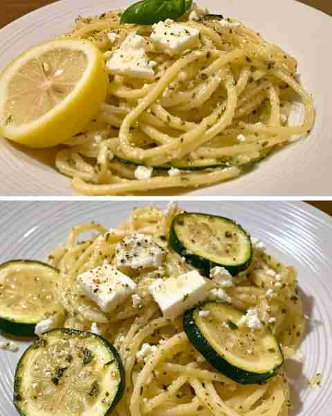 Lemon Zucchini Pasta with Feta Bright Lemony Zucchini Pasta with Crumbled Feta Ingredients: 12 oz pa...