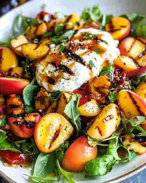 Grilled Peach and Burrata Salad Ingredients: 2 ripe peaches, halved and pitted 2 tablespoons olive o...