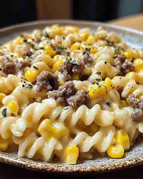 Loaded Cheddar Ranch Beef & Sweet Corn Rotini Bake Ingredients: - 12 oz (340g) rotini pasta - 1 lb (...