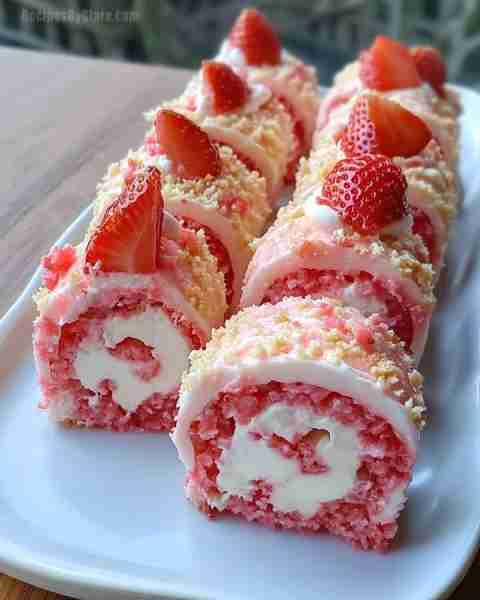 Strawberry Cream Roll Cake. It's a light and fluffy sponge cake rolled with a creamy filling, topped...