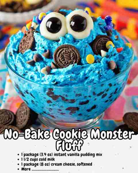 No-Bake Cookie Monster Fluff : Creamy, Crunchy, Fun & Bursting with Cookie Chaos — No Oven Required!...