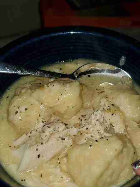 Chicken and dumplings! Crockpot on low 4 hours. 2 chicken breasts 1/2 onion diced 1 can of cream of...