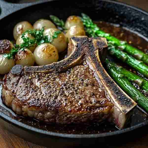 🥩🔥 Cast Iron T-Bone Steak with Garlic Butter & Veggies 🧄🧈🍷 Thick-cut T-bone steak, seared to pe...