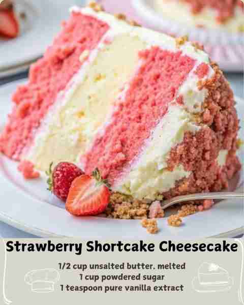 🍰 Strawberry Shortcake Cheesecake 🍓 Ingredients 1 box (15.25 oz) white or yellow cake mix, plus in...