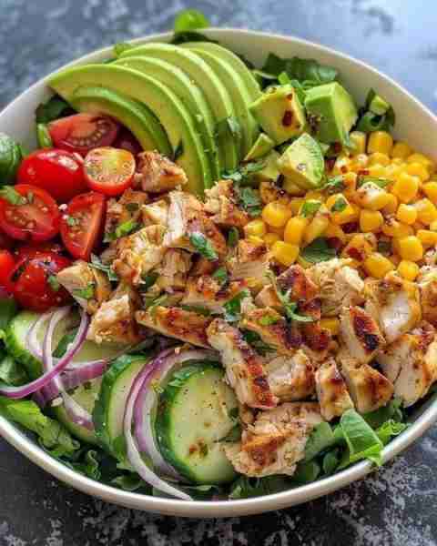 Grilled Chicken Avocado Salad 🥗🍗🥑🌽🍅🧅🥒 Ingredients: 1 grilled chicken breast, chopped 🍗 1/2 a...
