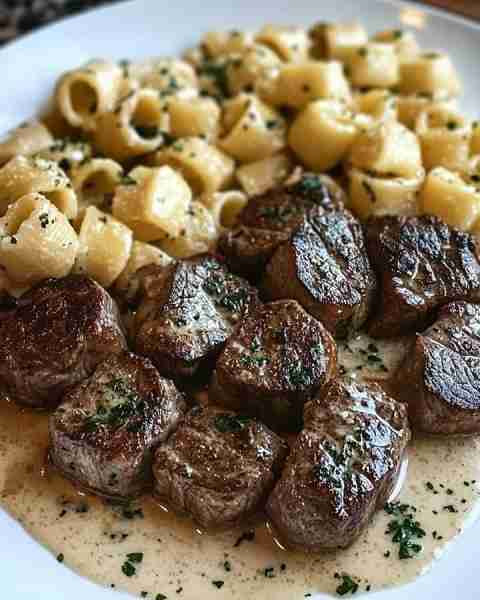 Buttery Steak Bites & Silky Parmesan Pasta Pockets Ingredients: - 12 oz cheese ravioli or tortellin...