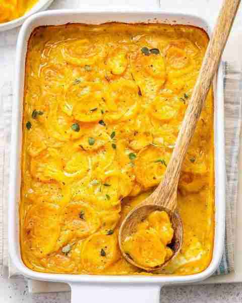 Scalloped Sweet Potatoes for Easter Sunday Dinner - Creamy and deliciously sweet + savory side dish...