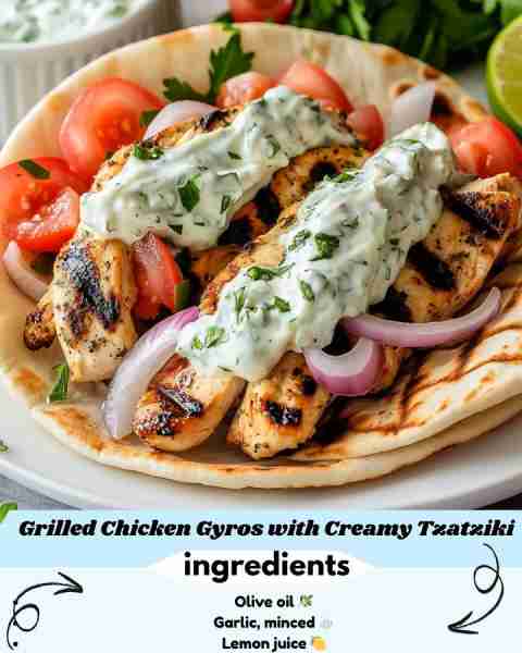 🔥 Grilled Chicken Gyros with Creamy Tzatziki Magic 🥙🌿 Prep Time: Quick and fresh Cooking Time: Ju...