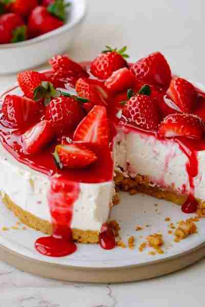 No-Bake Strawberry Cheesecake. It features a delicious and creamy cheesecake filling topped with fre...