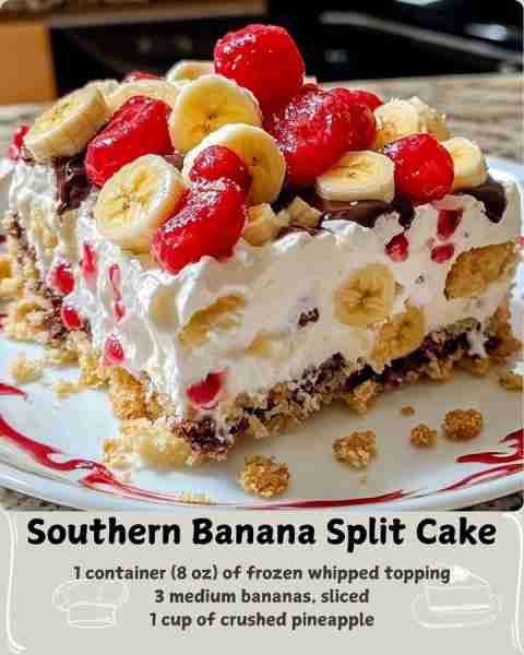 🍌 Southern Banana Split Cake 🍰 Ingredients 1 box of yellow cake mix (plus ingredients listed on th...