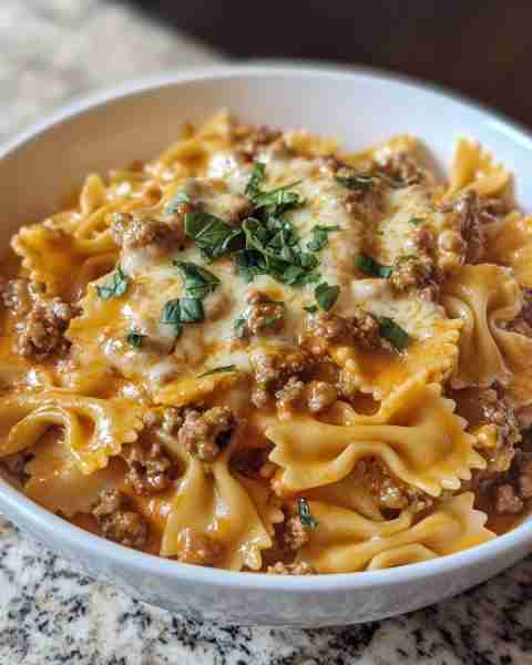 Velveeta Beef and Bowtie Pasta in Creamy Italian Sauce Ingredients: 1 lb ground beef 12 oz bowtie pa...