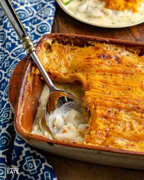 A Simple Dairy Free Fish Pie topped with Delicious Mashed White and Sweet Potato for a comforting fa...
