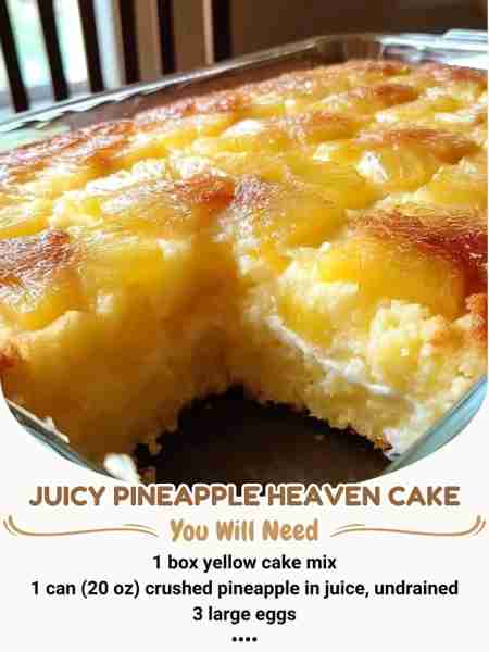 Juicy Pineapple Heaven Cake Ingredients: For the Cake: 1 box yellow cake mix 1 can (20 oz) crushed p...