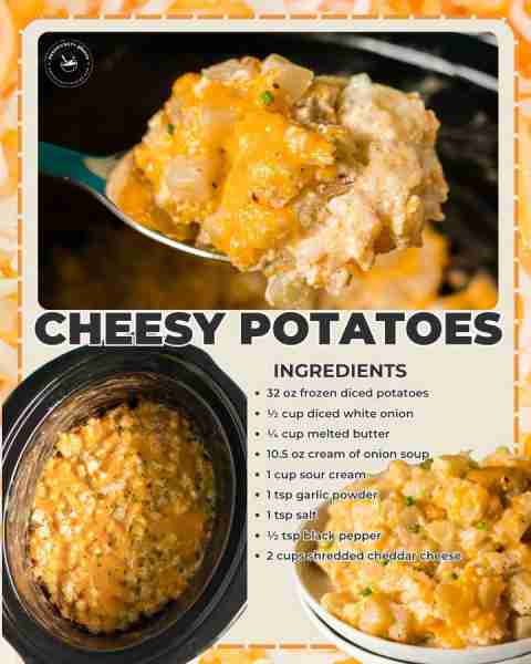 Slow Cooker Cheesy Potatoes 🧀 the perfect side dish! 🧀 32 oz frozen diced potatoes 🧀 ½ cup diced...
