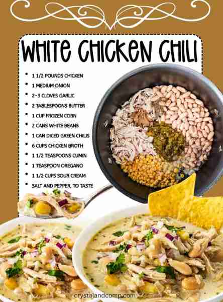 🐔 WHITE CHICKEN CHILI RECIPE Chicken Onion Garlic Butter Frozen Corn White Beans Diced Green Chilis...