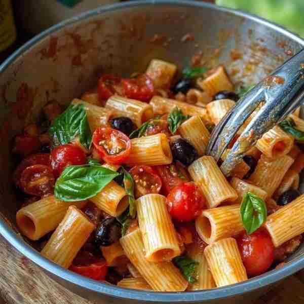 Rigatoni Pasta Salad with Tomato Sauce, Black Olives, and Fresh Basil Servings: 4–6 Prep Time: 15 mi...