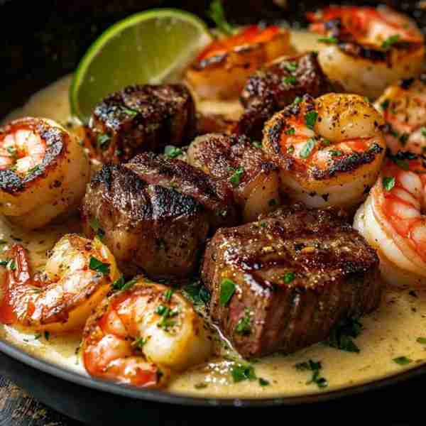 Surf and Turf Skillet with Garlic Butter Sauce Ingredients: For the Surf and Turf: 1/2 lb shrimp, pe...