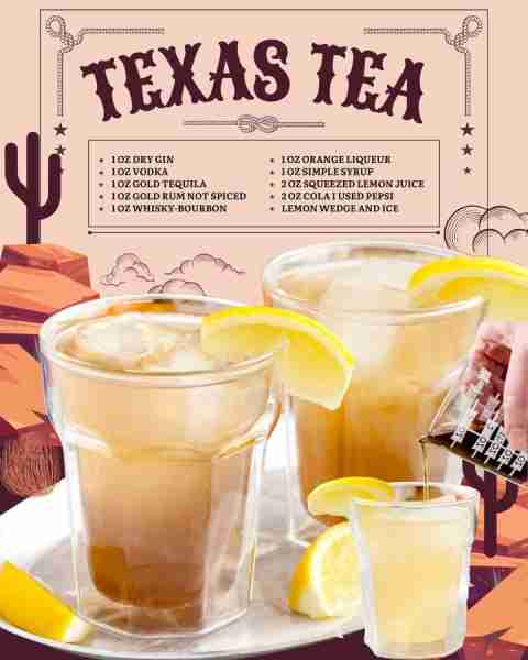 TEXAS TEA! 1 oz dry gin 1 oz vodka 1 oz gold tequila 1 oz gold rum NOT spiced 1 oz whisky-bourbon 1...