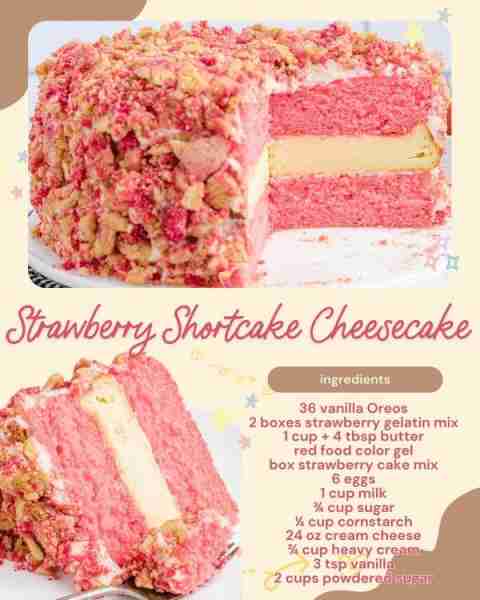 Strawberry Shortcake Cheesecake! Ingredients: 36 vanilla Oreos 2 boxes strawberry gelatin mix 1 cup...