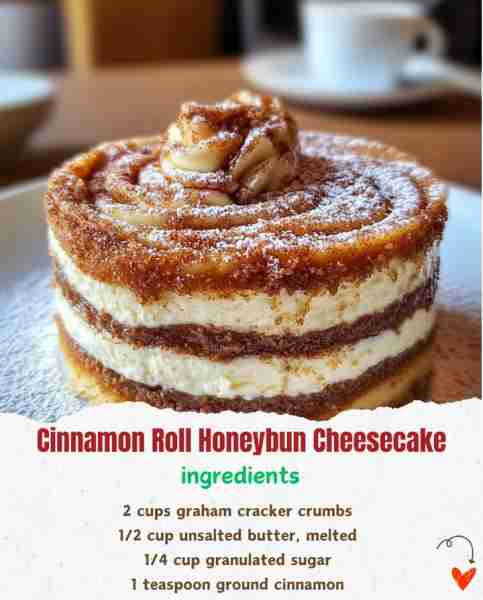 Cinnamon Roll Honeybun Cheesecake 🍯🍰✨ Ingredients: 2 cups graham cracker crumbs 🥣 1/2 cup uns...