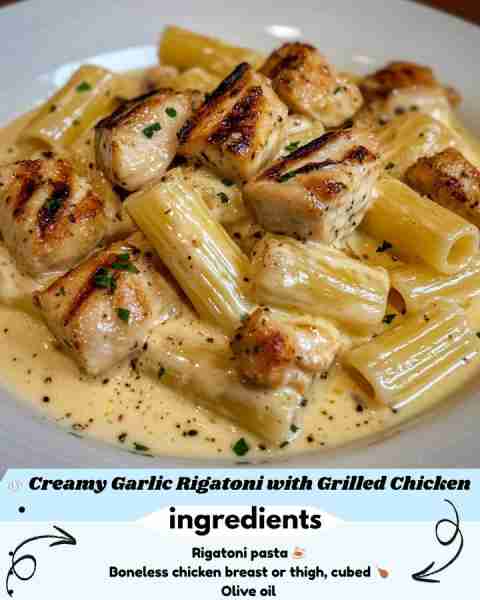 🧄 Creamy Garlic Rigatoni with Grilled Chicken 🍗🍝 Prep Time: 15 minutes Cook Time: 20 minutes Serv...