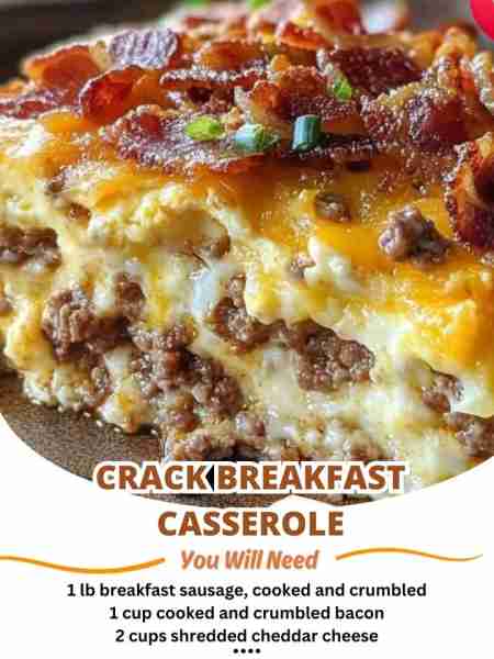 Crack Breakfast Casserole 🥘 🍳 Ingredients: 1 lb breakfast sausage, cooked and crumbled 1 cup cooke...