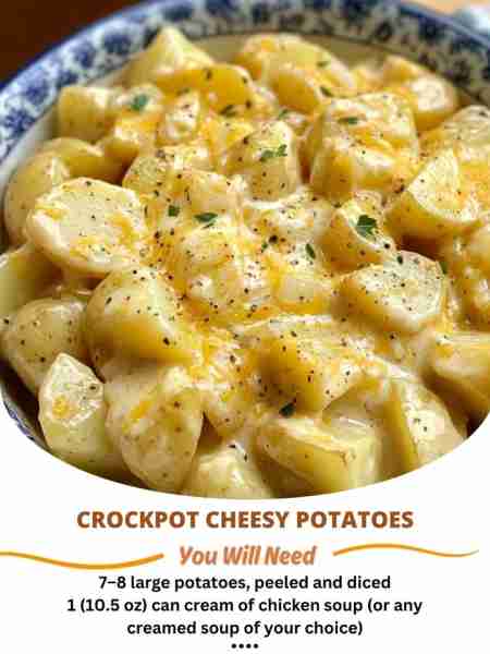 Crockpot Cheesy Potatoes Ingredients: 7–8 large potatoes, peeled and diced 1 (10.5 oz) can cream of...