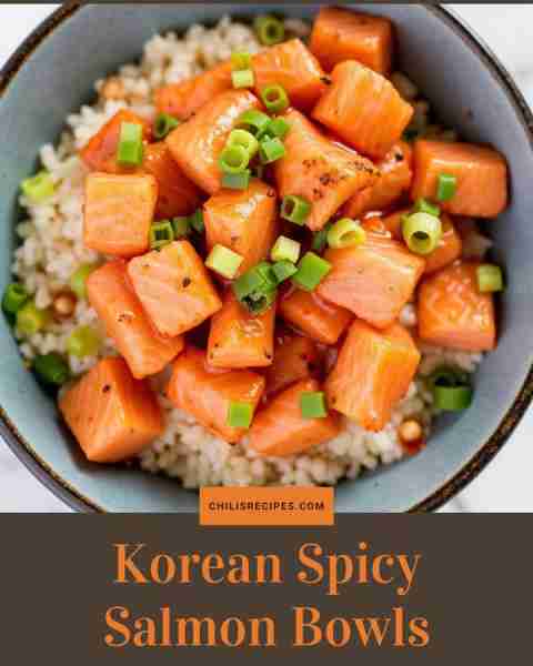 Korean Spicy Salmon Bowls Ingredients: Salmon cubes Gochujang, soy sauce, rice Method: Marinate salm...