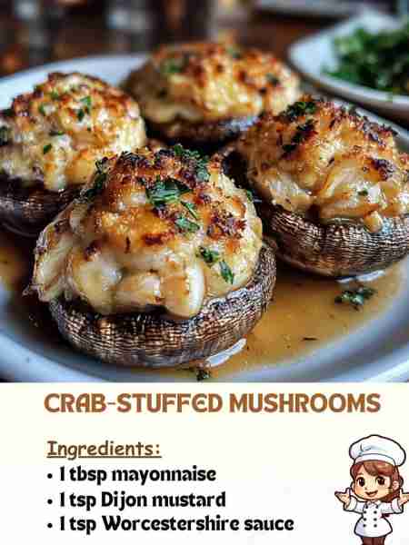 Crab-Stuffed Mushrooms Ingredients 1 tbsp mayonnaise 1 tsp Dijon mustard 1 tsp Worcestershire sauce
