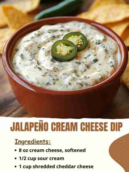 Jalapeño Cream Cheese Dip Ingredients 8 oz cream cheese, softened 1/2 cup sour cream 1 cup shredded...