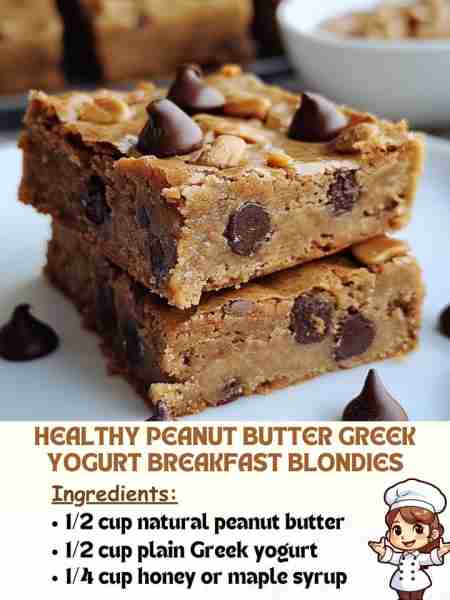 Healthy Peanut Butter Greek Yogurt Breakfast Blondies Ingredients 1/2 cup natural peanut butter 1/2...